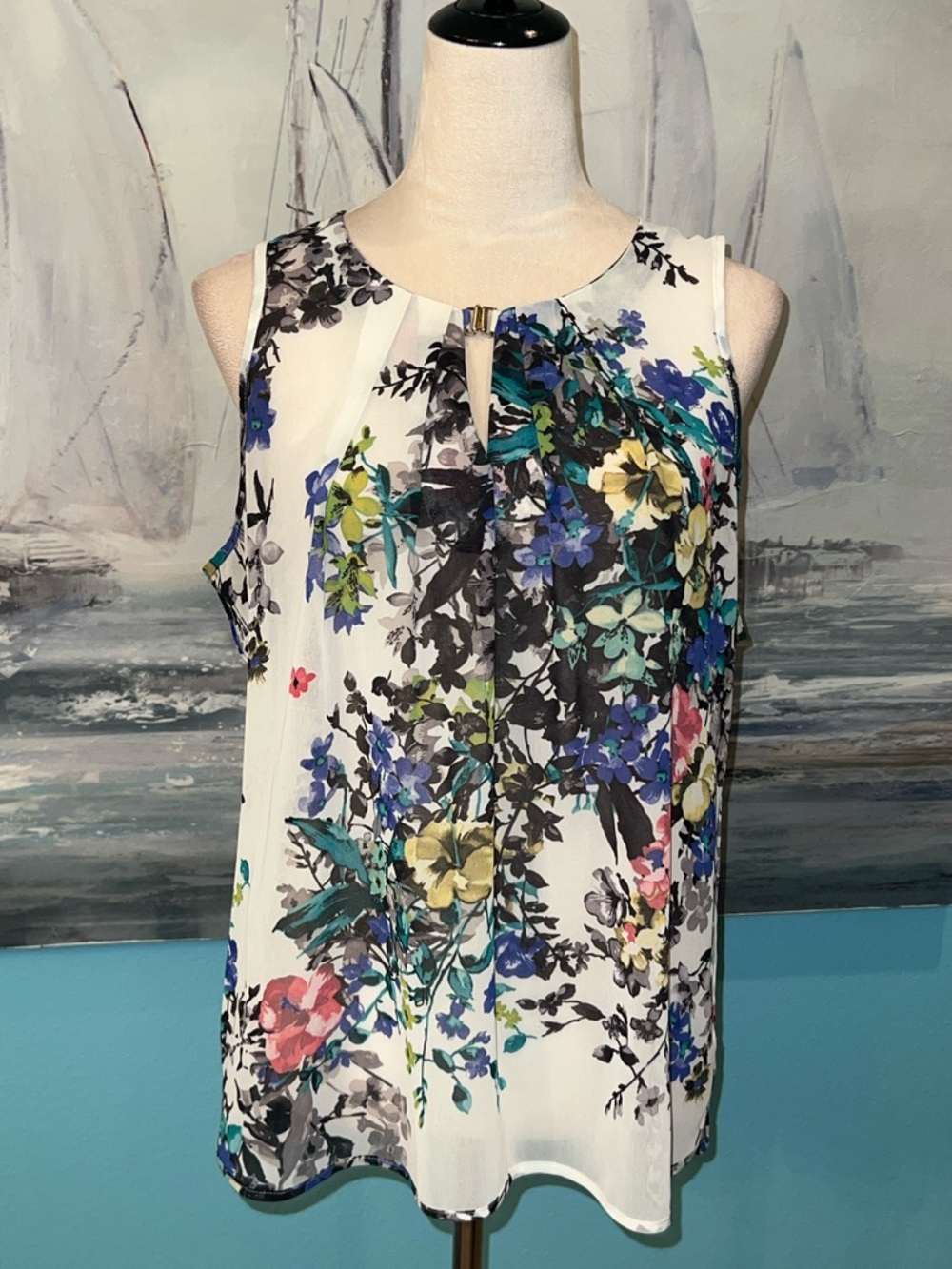 Ecru Sheer Floral Sleeveless Blouse, Large